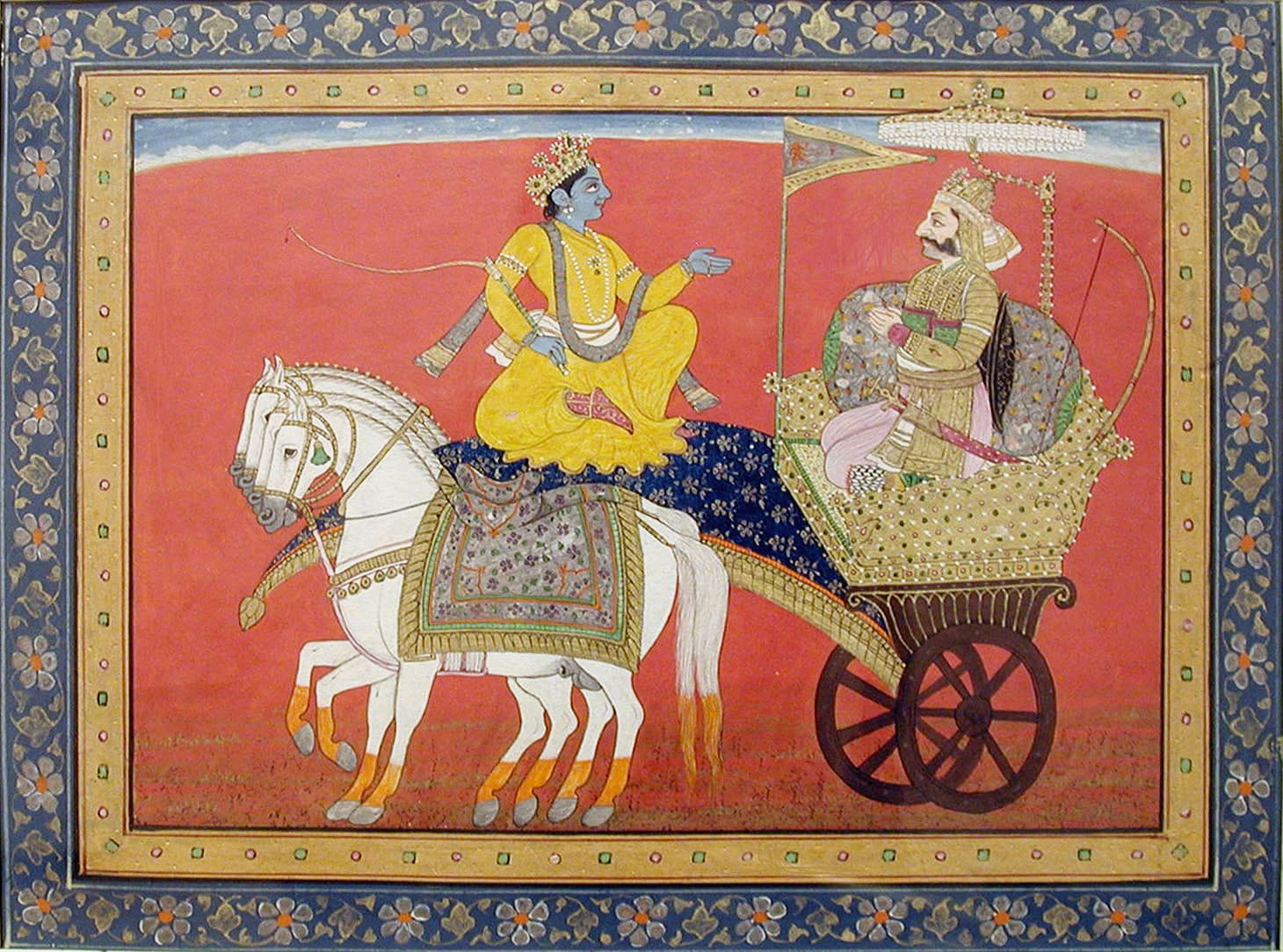 Kṛṣṇa drives Arjuna's chariot onto the field of Kurukṣetra — the scene where the Bhagavad Gītā is spoken.
